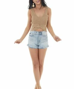 HYFVE Tops Taupe Sleeveless Knit Crop Top With Front Twist Detail 32 HYFVE Tops Taupe Sleeveless Knit Crop Top With Front Twist Detail