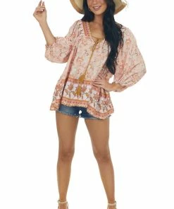 Davi & Dani Tea Rose Floral Blouse With Tassel Detail Tops