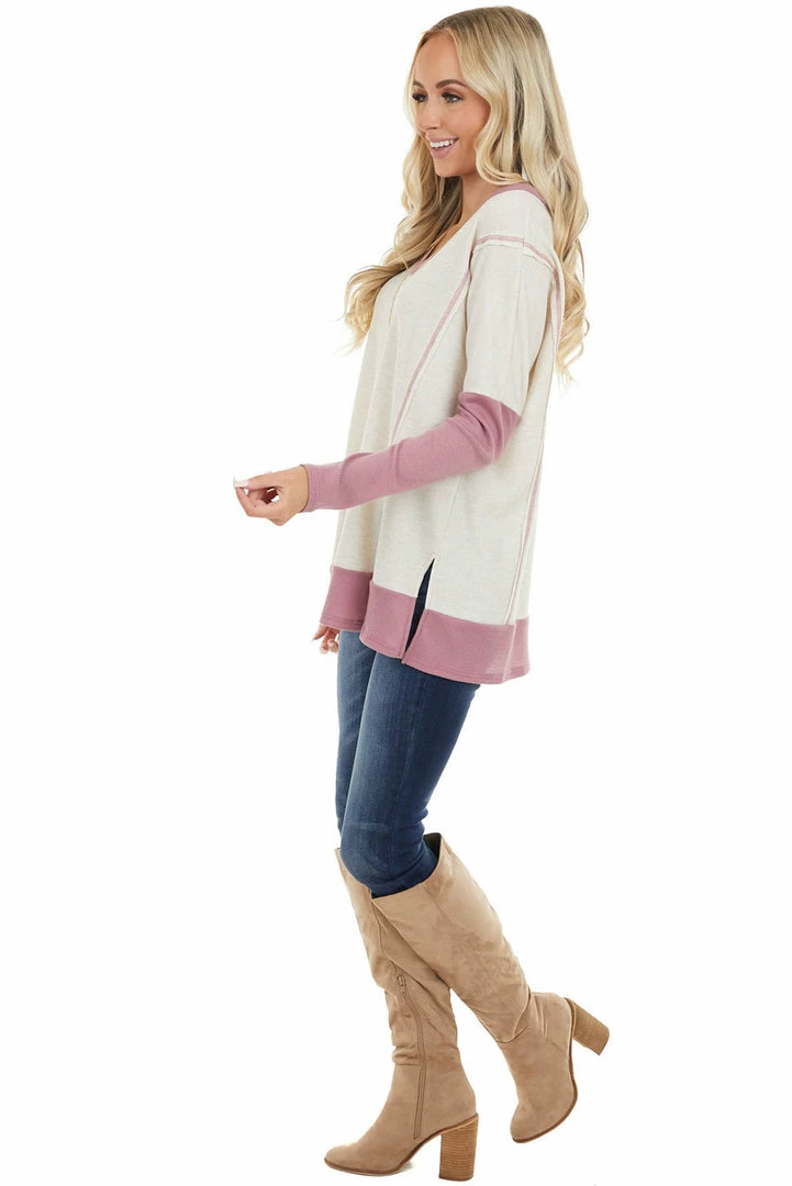 First Love Cream And Mauve Contrast Waffle Knit V Neck Top 12 First Love Cream And Mauve Contrast Waffle Knit V Neck Top