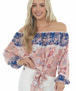Umgee Coral Floral Print Long Bubble Sleeve Off Shoulder Woven Top Tops