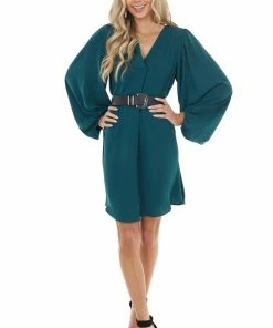 Jodifl Dark Pine Long Bubble Sleeve V Neck Soft Woven Short Dress Dresses
