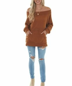 FSL APPAREL Tops Pumpkin Spice Off Shoulder Loose Knit Top