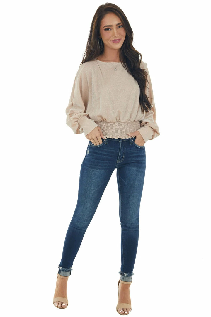 143 Story Tops Champagne Glitter Smocked Waist Boat Neck Top 16 143 Story Tops Champagne Glitter Smocked Waist Boat Neck Top