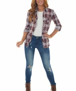 Fashion Cargo Tops Wine And Cornflower Plaid Top With Chest Pocket 17 Fashion Cargo Tops Wine And Cornflower Plaid Top With Chest Pocket