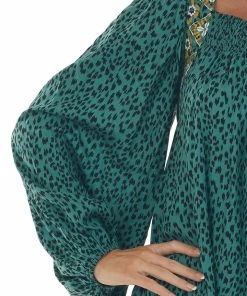 Hailey & Co Juniper Green Animal Print Embroidered Blouse