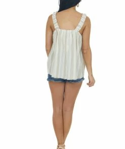 Umgee Camel Striped Tank Top With Ruffle Straps Tops