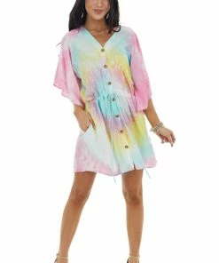 Davi & Dani Dresses Multicolor Tie Dye Short Sleeve Button Dress