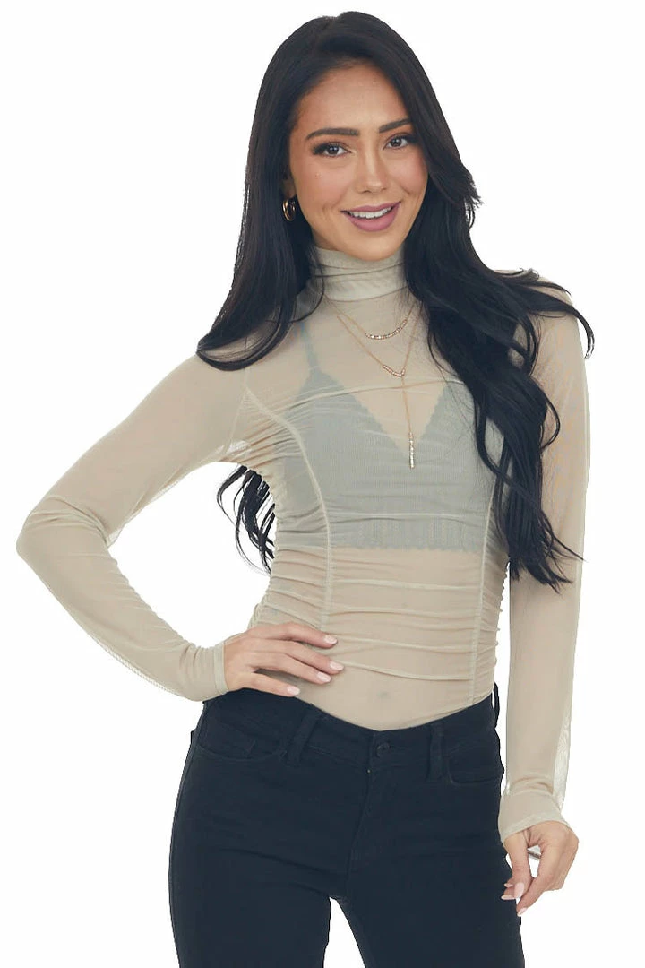 LE LIS Taupe Long Sleeve Ruched Bodycon Bodysuit 11 LE LIS Taupe Long Sleeve Ruched Bodycon Bodysuit