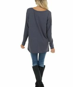 143 Story Stormy Grey Long Sleeve Top With Side Slit Detail Tops