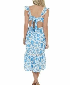 Sweet Lemon Sapphire Blue Floral Open Back Lace Midi Dress Dresses