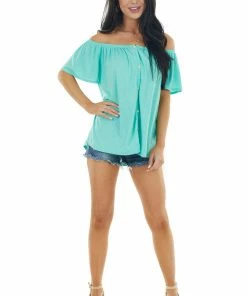 143 Story Tops Turquoise Off The Shoulder Button Down Textured Knit Top