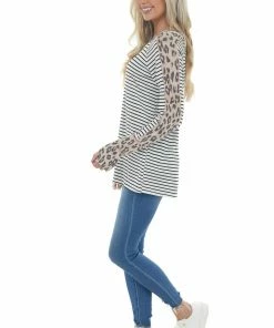Haptics Ivory Striped Knit Top With Leopard Contrast
