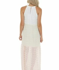 Andree Ivory Colorblock Swiss Dot Maxi Dress