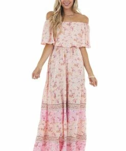 Aakaa Light Peach Floral Print Off Shoulder Woven Maxi Dress Dresses