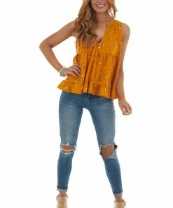 Ces Femme Tops Mango Leaf Print Babydoll Notch Neck Knit Tank