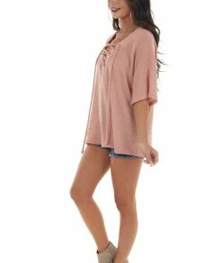 Ces Femme Coral Loose Knit Top With Lace Up V Neckline Tops 14 Ces Femme Coral Loose Knit Top With Lace Up V Neckline Tops
