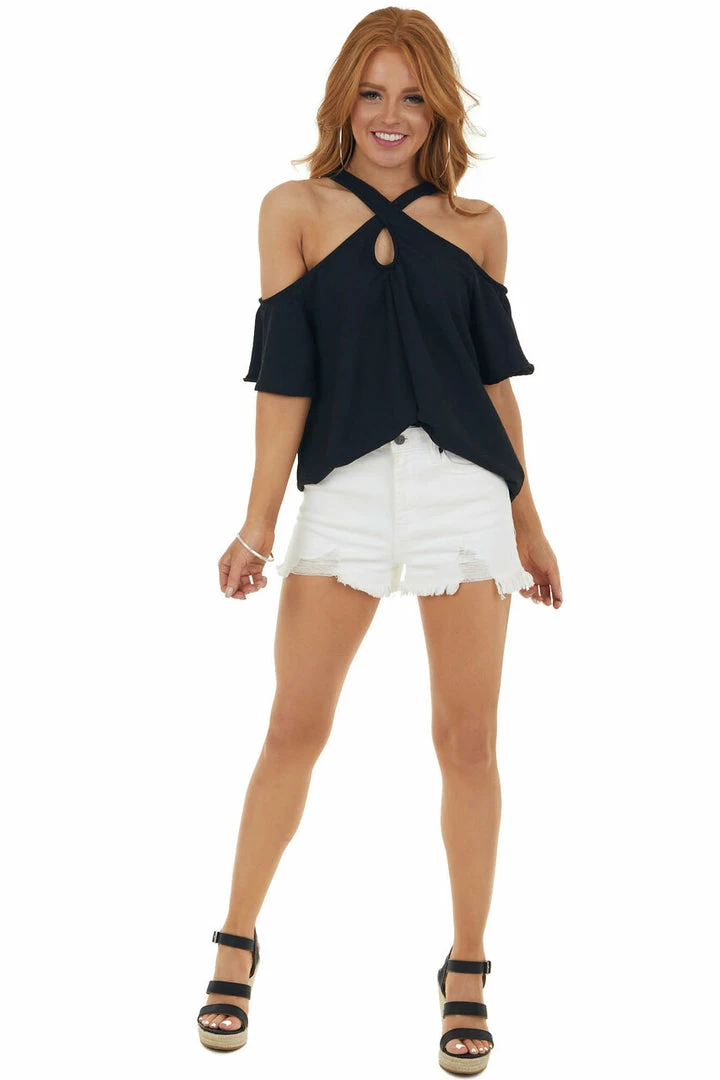 143 Story Black Cold Shoulder Blouse With Criss Cross Halter Neck 5 143 Story Black Cold Shoulder Blouse With Criss Cross Halter Neck