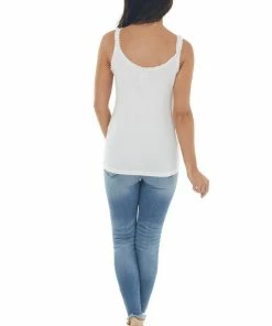 ANGIE White Ribbed Knit Tank Top With Button And Lace Trim Details