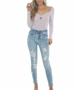 LE LIS Light Orchid Long Sleeve Bow Front Bodysuit