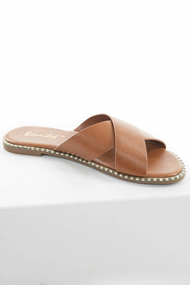 CCOCCI Cognac Criss Cross Slip On Sandals With Metallic Details 5 CCOCCI Cognac Criss Cross Slip On Sandals With Metallic Details