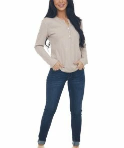 Charlotte Avery Tops Tea Rose Long Sleeve Notch Neck Henley Top