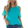 HEIMISH Teal Cold Shoulder Short Sleeve Knit Top With Lace Detail Tops
