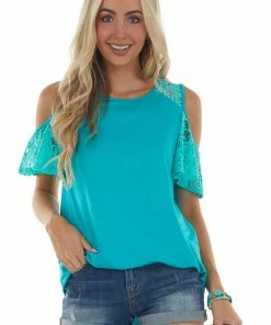HEIMISH Teal Cold Shoulder Short Sleeve Knit Top With Lace Detail Tops