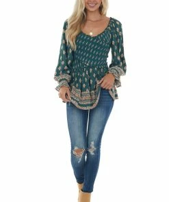 Nostalgia Pine Green Printed Off Shoulder Smocked Blouse