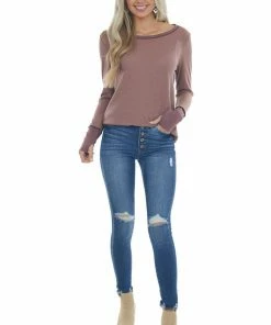 BiBi Rose Taupe And Berry Contrast Thermal Knit Top
