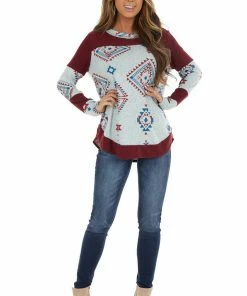 RAE MODE Burgundy Two Tone Aztec Print Knit Top With Raw Edge Details 32 RAE MODE Burgundy Two Tone Aztec Print Knit Top With Raw Edge Details