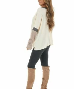 CY Fashion Tops Cream And Mauve Colorblock Long Sleeve Waffle Knit Top