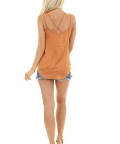 Wishlist Tops Burnt Orange Surplice Camisole Top With Lace Trim