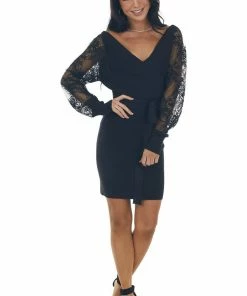 Lush Clothing Black Ribbed Knit Mini Dress With Lace Sleeves Dresses 13 Lush Clothing Black Ribbed Knit Mini Dress With Lace Sleeves Dresses