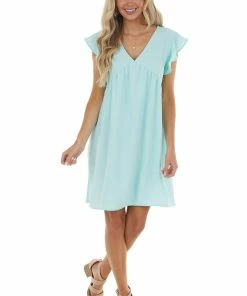 143 Story Mint Flutter Sleeve Babydoll Short Dress
