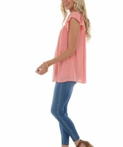 143 Story Tops Coral Smocked Cap Sleeve Woven Blouse