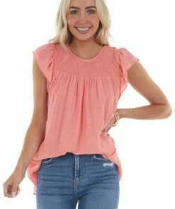 143 Story Tops Coral Smocked Cap Sleeve Woven Blouse