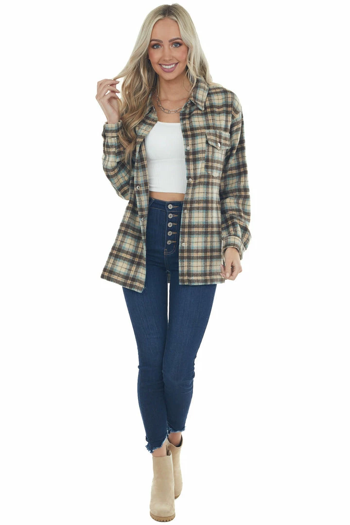 Kori America Beige Plaid Woven Shacket With Chest Pockets 5 Kori America Beige Plaid Woven Shacket With Chest Pockets