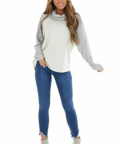 12PM Oatmeal Raglan Top With Contrast Sleeves And Cowl Neck Tops 31 12PM Oatmeal Raglan Top With Contrast Sleeves And Cowl Neck Tops