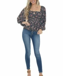 Entro Tops Black Floral Print Bubble Sleeve Peplum Blouse