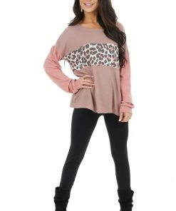 HOPELY Tops Dusty Rose Leopard Print Colorblock Long Sleeve Top