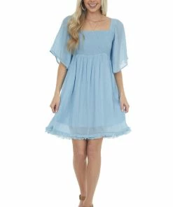 Umgee Powder Blue Babydoll Short Dress With Flutter Sleeves Dresses