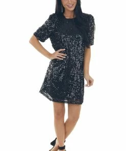 Vine & Love Dresses Black Sequined Short Puff Sleeve Shift Dress 30 Vine & Love Dresses Black Sequined Short Puff Sleeve Shift Dress
