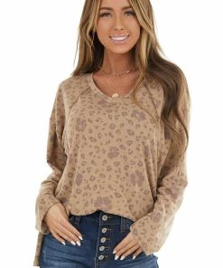 Cotton Bleu Taupe Leopard Print French Terry Knit Long Sleeve Top Tops