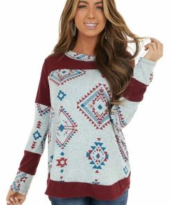 RAE MODE Burgundy Two Tone Aztec Print Knit Top With Raw Edge Details 26 RAE MODE Burgundy Two Tone Aztec Print Knit Top With Raw Edge Details