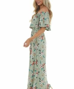 Celeste Design Sage Floral Print Off The Shoulder Maxi Dress