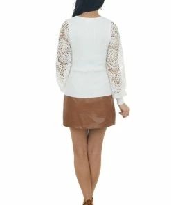 BiBi Tops Ivory Crochet Lace Long Sleeve Ribbed Knit Top