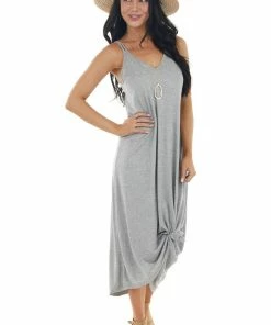 Lush Clothing Dresses Pewter Grey Sleeveless Midi Dress With Criss Cross Straps