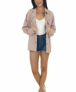 Davi & Dani Light Rose Taupe Fraying Button Down Shacket Tops
