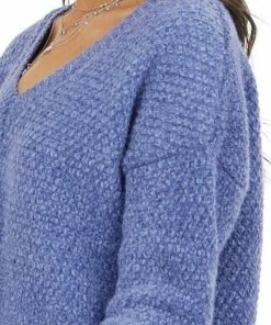 HYFVE Dusty Blue Two Tone Slightly Cropped Sweater With V Neck