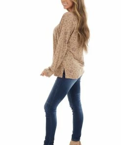 Cotton Bleu Taupe Leopard Print French Terry Knit Long Sleeve Top Tops